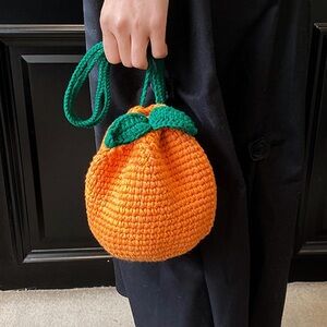 🍊NEW Tangerine Crochet Crossbody Shoulder Bag Round Orange Green Cute Novelty